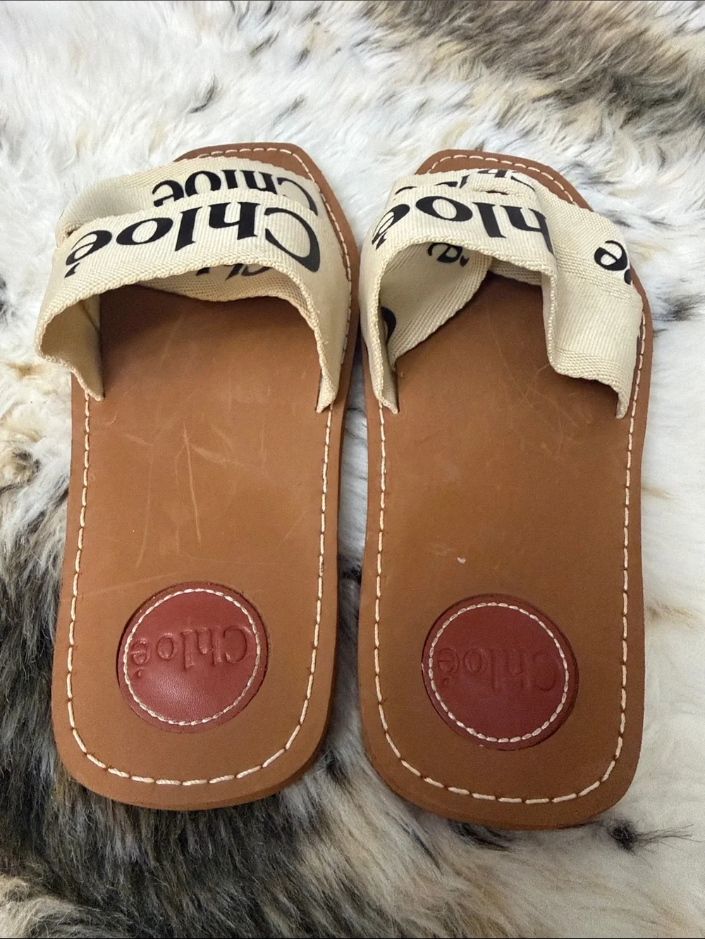 Chloé Cream Logo Canvas Slide Sandals with Tan Footbed - Picture 3 of 5